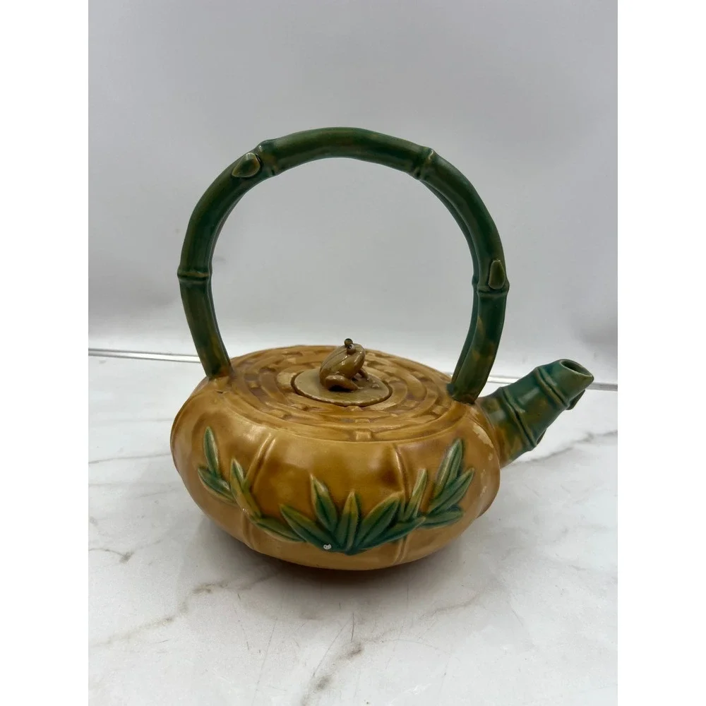 VTG Majolica Ceramic Teapot Bamboo Handle Frog Finial Yellow Green Decor